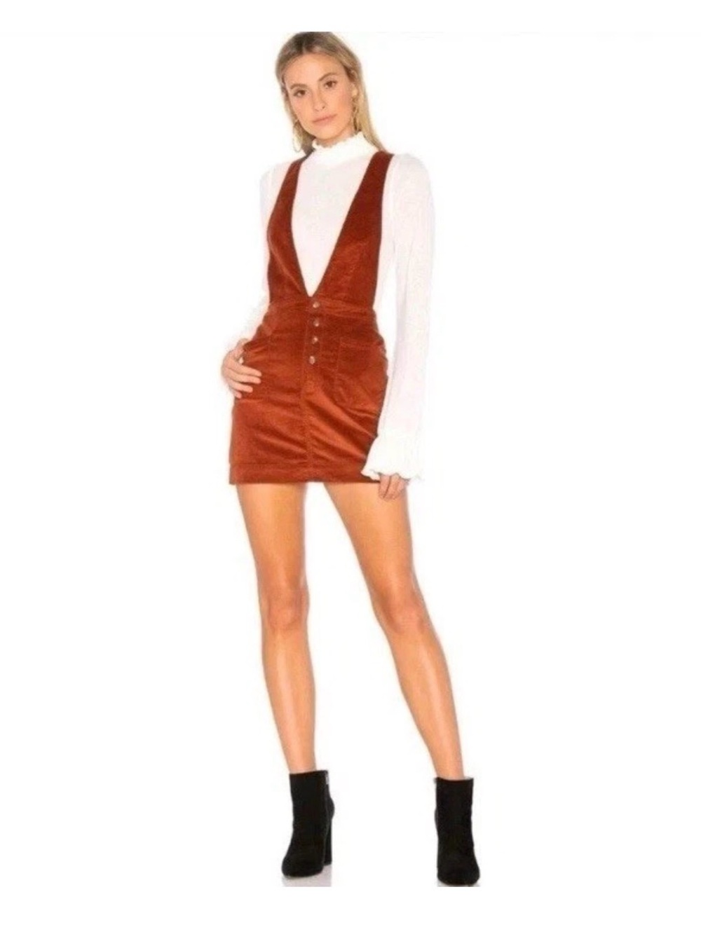 Free People Old School Love Corduroy Suspender Mini Skirt Rust Size 4